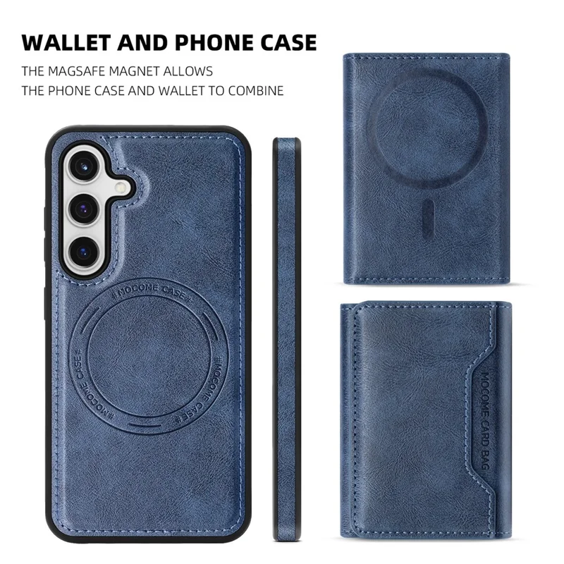 For Samsung Galaxy S24+ Magnetic Case Leather Back Phone Cover with Detachable Card Bag - Sapphire