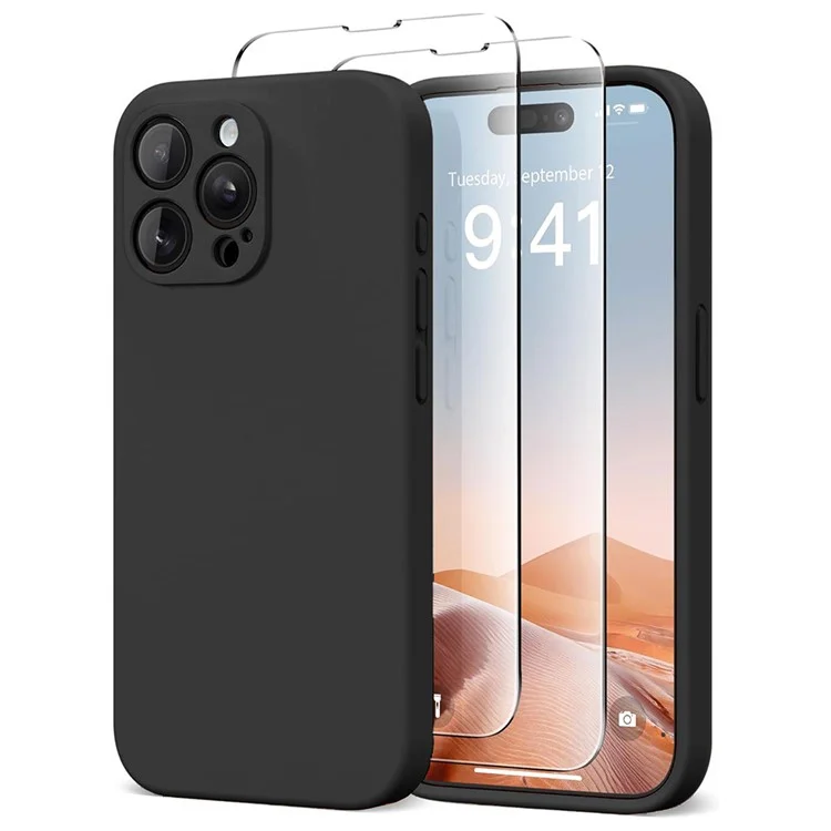 For iPhone 15 Pro Case Compatible with MagSafe Liquid Silicone Cover with 2 Tempered Glass Screen Films - Black