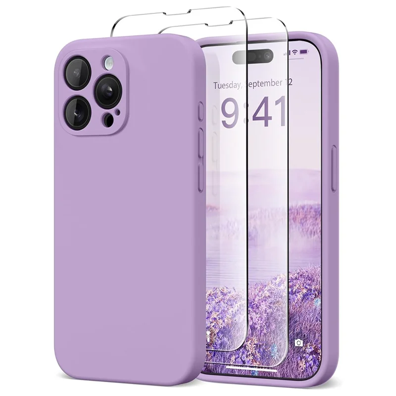 For iPhone 14 Pro Case Compatible with MagSafe Liquid Silicone Cover with 2 Tempered Glass Screen Films - Purple