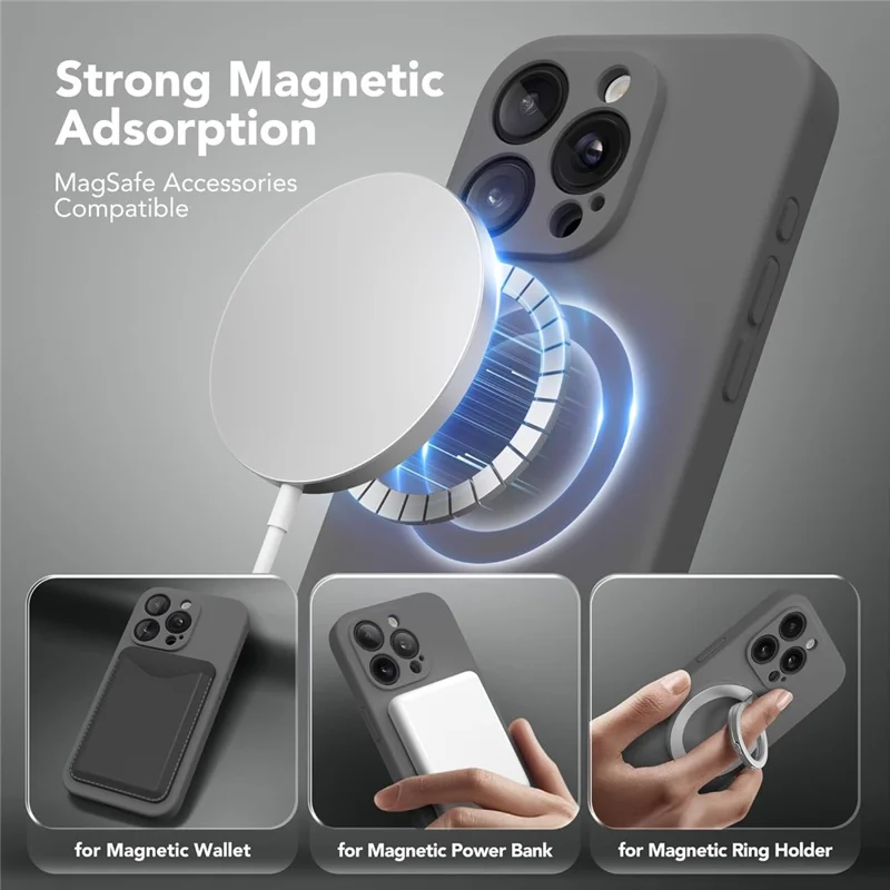 For iPhone 16 Pro Case Compatible with MagSafe Liquid Silicone Cover with 2 Tempered Glass Screen Films - Grey