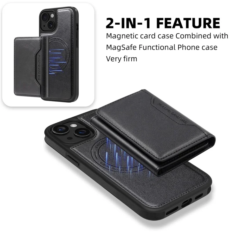 For iPhone 15 Plus Magnetic Case Leather Back Phone Cover with Detachable Card Bag - Black