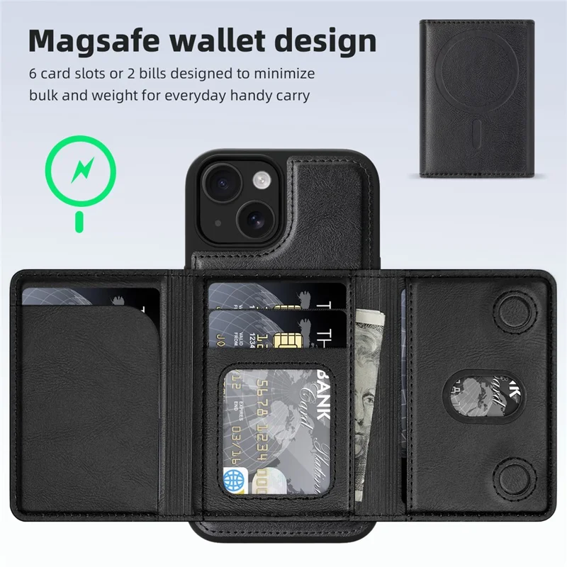 For iPhone 15 Plus Magnetic Case Leather Back Phone Cover with Detachable Card Bag - Black