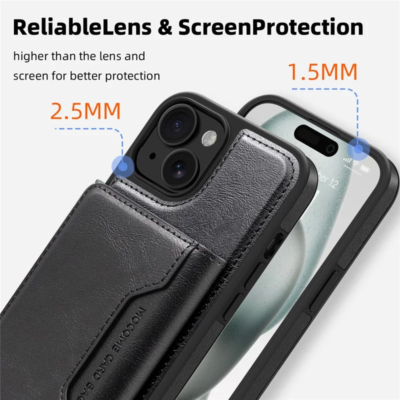 For iPhone 15 Plus Magnetic Case Leather Back Phone Cover with Detachable Card Bag - Black