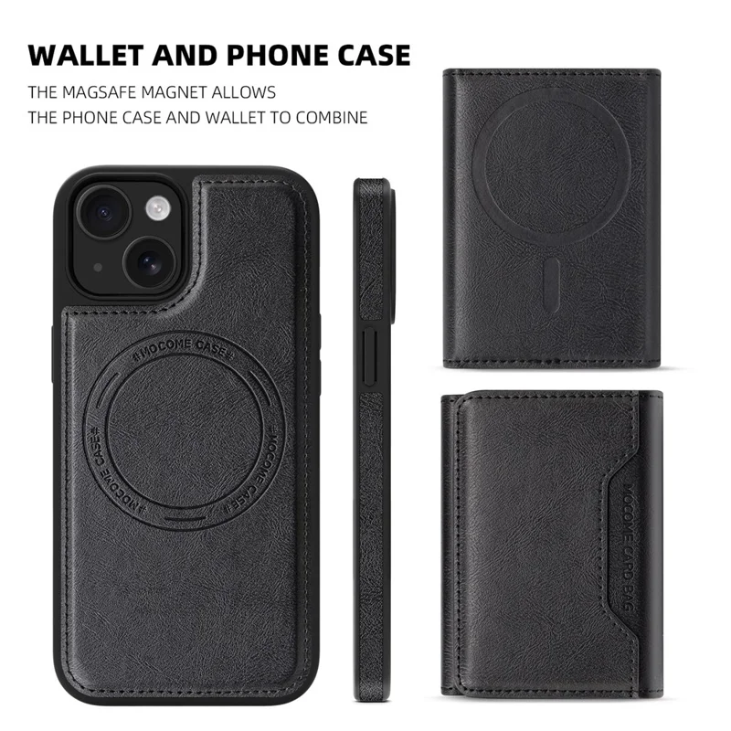 For iPhone 15 Plus Magnetic Case Leather Back Phone Cover with Detachable Card Bag - Black