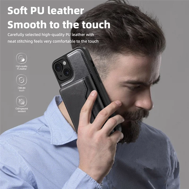 For iPhone 15 Plus Magnetic Case Leather Back Phone Cover with Detachable Card Bag - Black