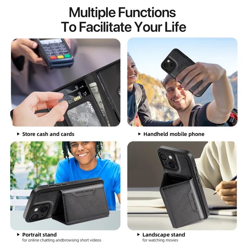 For iPhone 15 Plus Magnetic Case Leather Back Phone Cover with Detachable Card Bag - Black