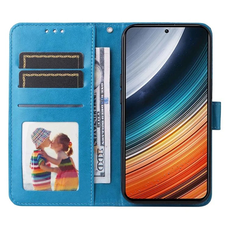 Per Xiaomi Redmi K40S 5G / Poco F4 5G Girasole Impronta in Pelle PU Stand Case Del Portafoglio Telefonico Anti-scratch - Blu