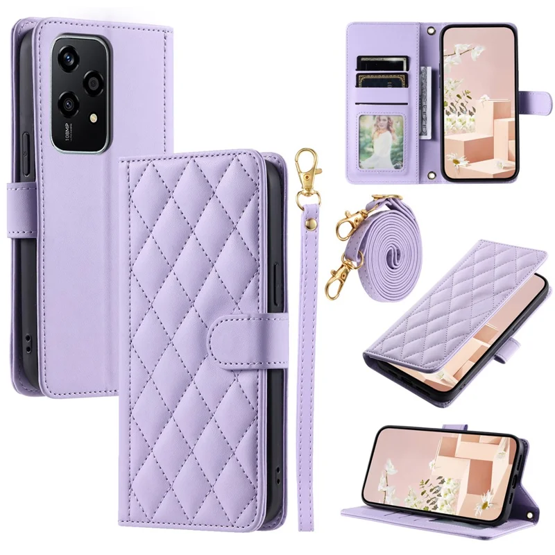 For Honor 200 Lite Wallet Case Rhombus Grid PU Leather Phone Cover - Purple