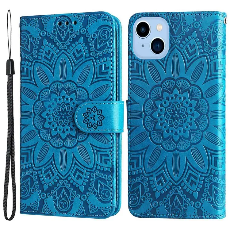 Für Das Iphone 13 6,1 Zoll Sonnenblume Geprägte PU Leder Magnetic Flip Cover Ständer Feature Wallet -geldbörse Mit Handriemen - Blau