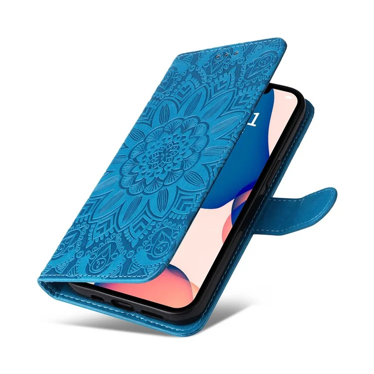 Für Das Iphone 13 6,1 Zoll Sonnenblume Geprägte PU Leder Magnetic Flip Cover Ständer Feature Wallet -geldbörse Mit Handriemen - Blau
