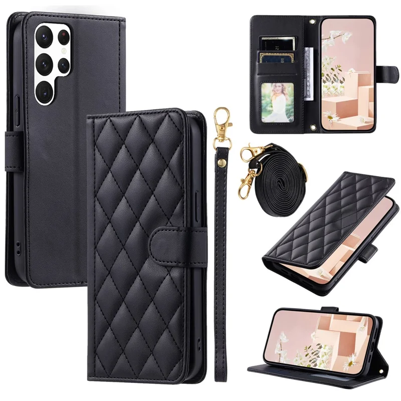 For Samsung Galaxy S25 Ultra Wallet Case Rhombus Grid PU Leather Phone Cover - Black