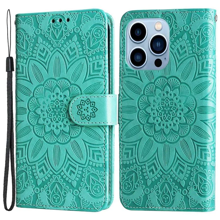 For iPhone 13 Pro 6.1 inch PU Leather Wallet Case Stand Magnetic Closure Sunflower Imprinted Flip Folio Phone Cover with Strap - Green
