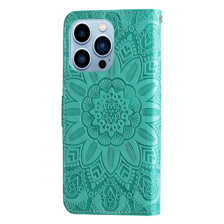 For iPhone 13 Pro 6.1 inch PU Leather Wallet Case Stand Magnetic Closure Sunflower Imprinted Flip Folio Phone Cover with Strap - Green
