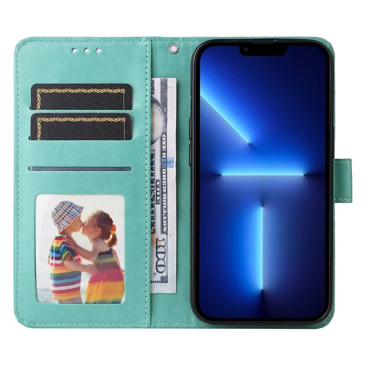For iPhone 13 Pro 6.1 inch PU Leather Wallet Case Stand Magnetic Closure Sunflower Imprinted Flip Folio Phone Cover with Strap - Green