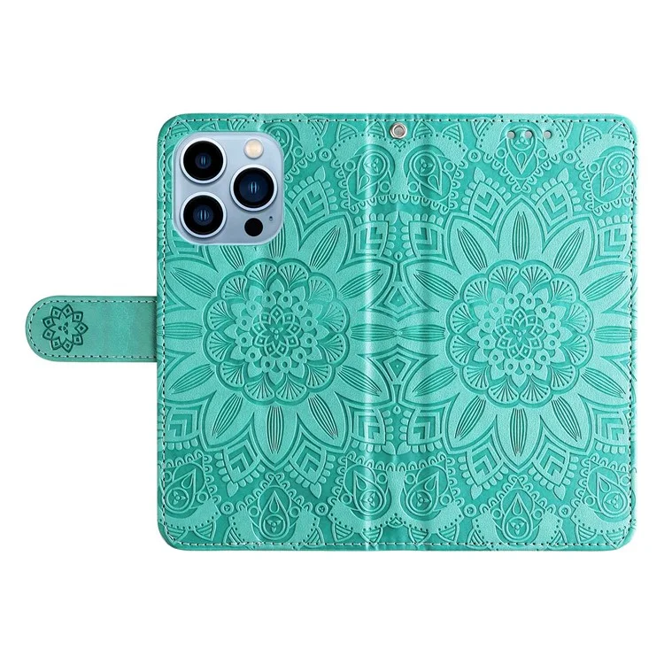 For iPhone 13 Pro 6.1 inch PU Leather Wallet Case Stand Magnetic Closure Sunflower Imprinted Flip Folio Phone Cover with Strap - Green