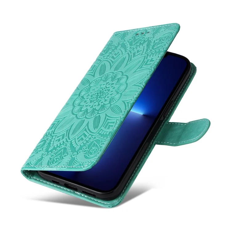 For iPhone 13 Pro 6.1 inch PU Leather Wallet Case Stand Magnetic Closure Sunflower Imprinted Flip Folio Phone Cover with Strap - Green