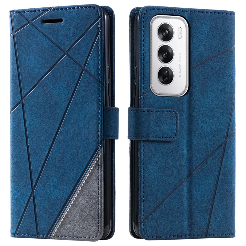 For Oppo Reno12 5G (Global) Case Imprinted Lines PU Leather Splicing Wallet Phone Cover - Blue