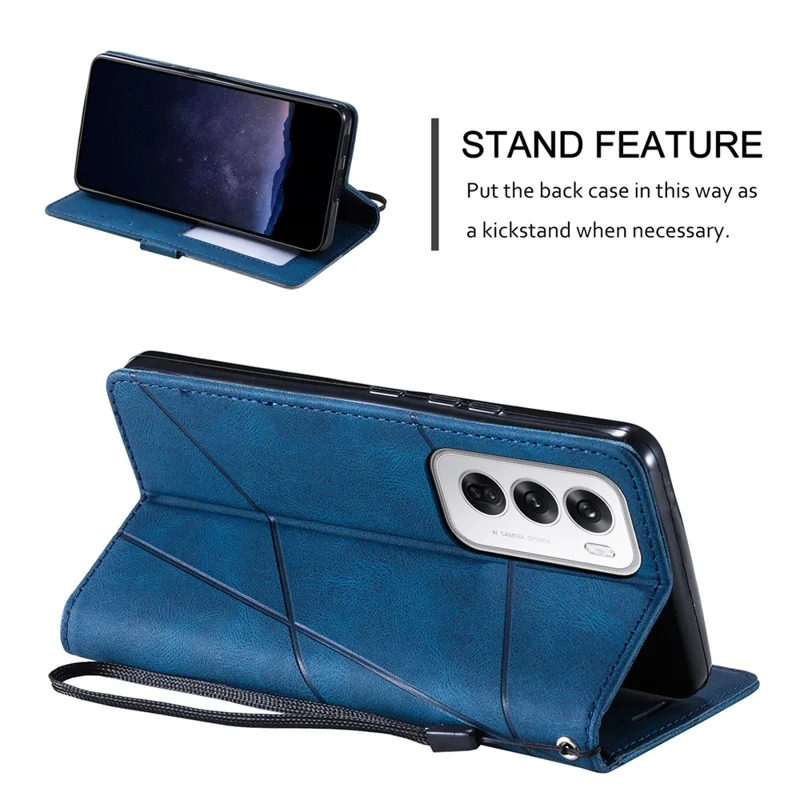 For Oppo Reno12 5G (Global) Case Imprinted Lines PU Leather Splicing Wallet Phone Cover - Blue