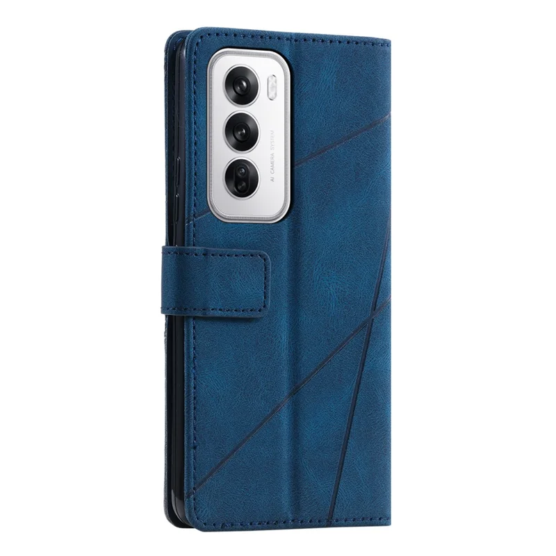 For Oppo Reno12 5G (Global) Case Imprinted Lines PU Leather Splicing Wallet Phone Cover - Blue