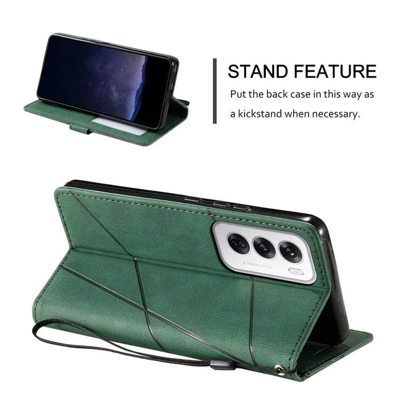 For Oppo Reno12 5G (Global) Case Imprinted Lines PU Leather Splicing Wallet Phone Cover - Green