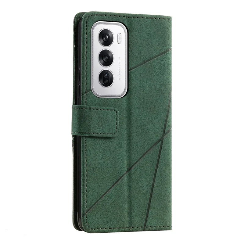 For Oppo Reno12 5G (Global) Case Imprinted Lines PU Leather Splicing Wallet Phone Cover - Green