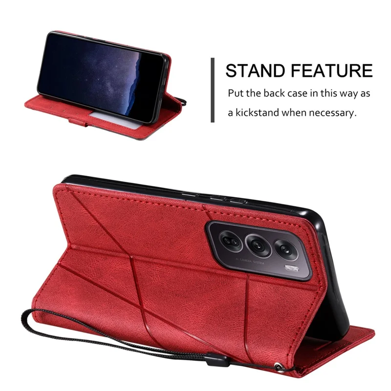 For Oppo Reno12 Pro 5G (Global) Case Imprinted Lines PU Leather Splicing Wallet Phone Cover - Red