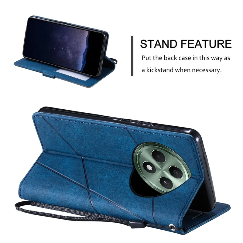 Für Oppo Reno12 F 4G Hülle Bedruckte Linien PU-Leder-Splicing-Brieftasche Handyhülle - Blau