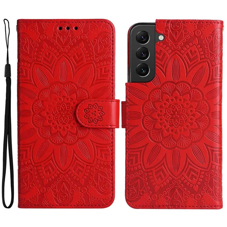For Samsung Galaxy S22 5G Drop-proof Phone Flip Wallet Case Sunflower Imprinted Stand Magnetic PU Leather Cell Phone Cover with Strap - Red