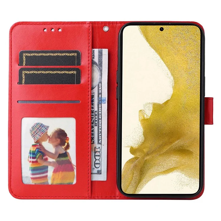 For Samsung Galaxy S22 5G Drop-proof Phone Flip Wallet Case Sunflower Imprinted Stand Magnetic PU Leather Cell Phone Cover with Strap - Red