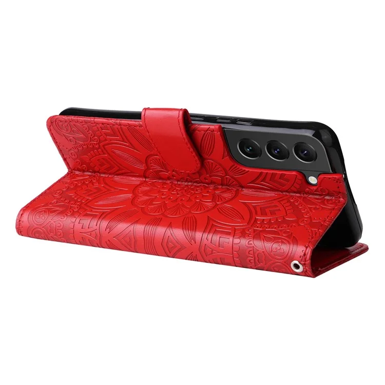 For Samsung Galaxy S22 5G Drop-proof Phone Flip Wallet Case Sunflower Imprinted Stand Magnetic PU Leather Cell Phone Cover with Strap - Red