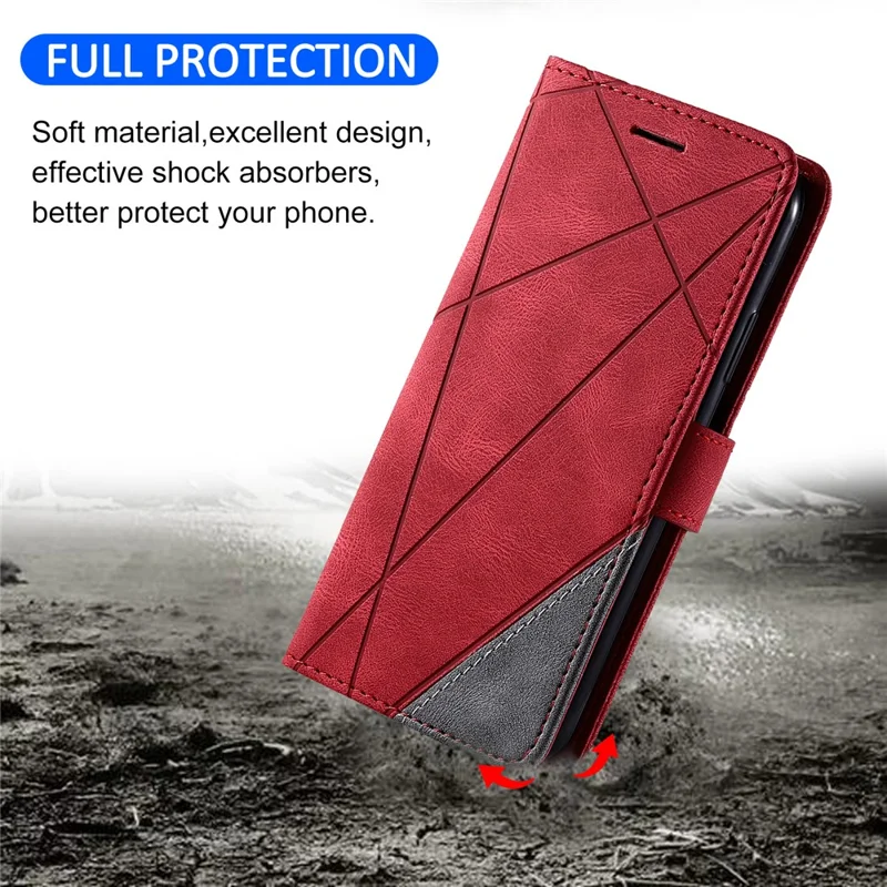 For Samsung Galaxy A06 4G Case Imprinted Lines PU Leather Splicing Wallet Phone Cover - Red