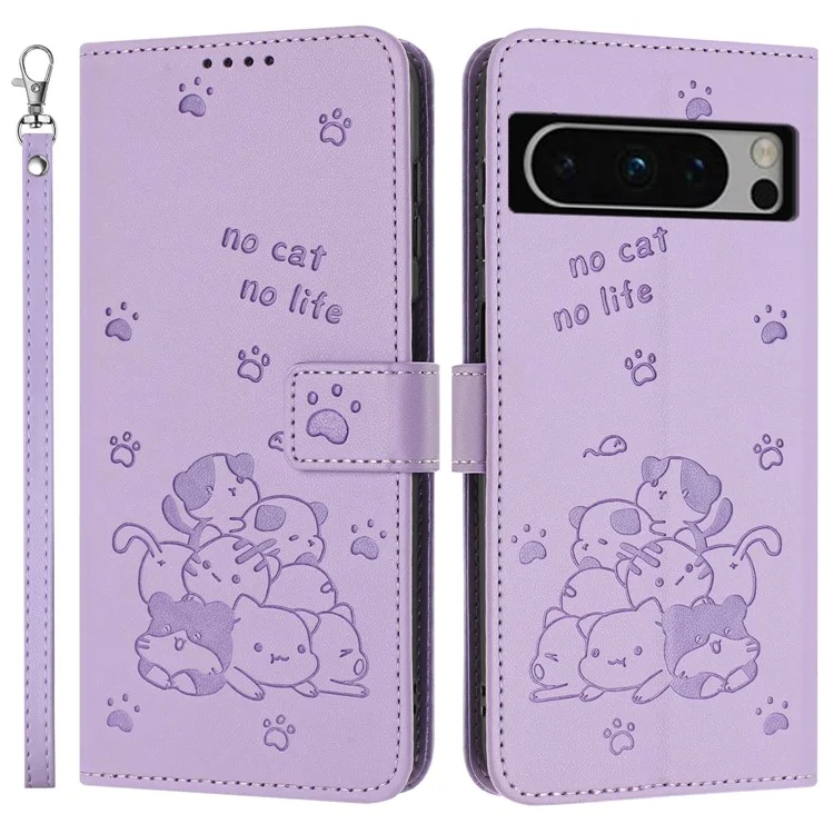 Funda para Google Pixel 8 Pro con correa, estampado de gatos, billetera de cuero y tapa del teléfono - Morado