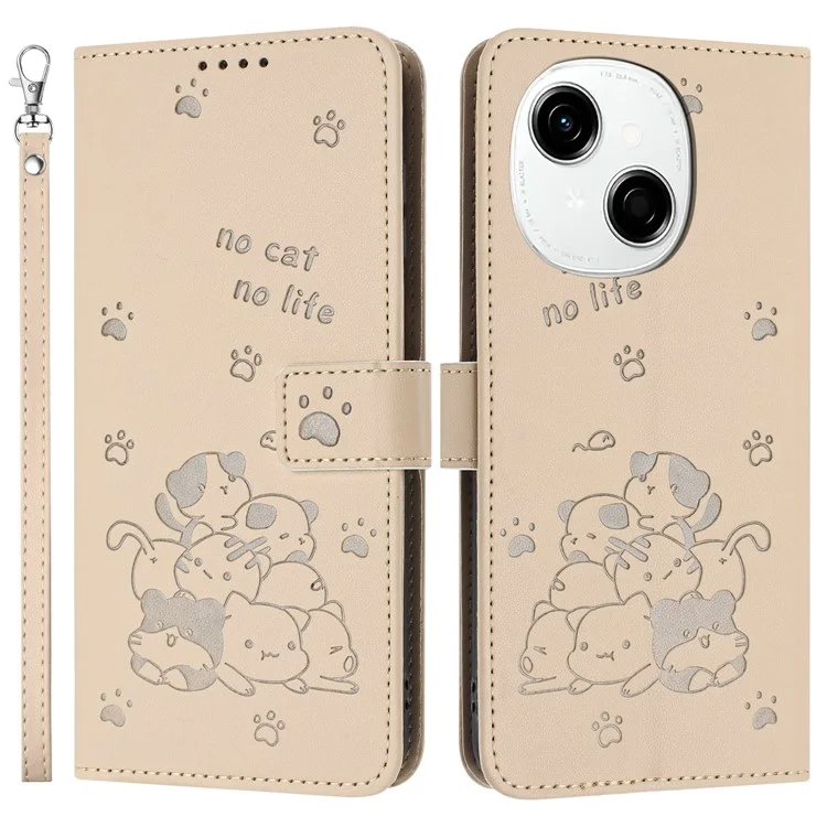 For TECNO Spark Go 2025 / Spark Go 1 / Pop 9 4G Case with Strap Cats Imprint Leather Wallet Phone Cover - Beige