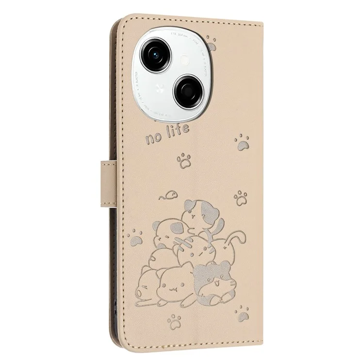 For TECNO Spark Go 2025 / Spark Go 1 / Pop 9 4G Case with Strap Cats Imprint Leather Wallet Phone Cover - Beige