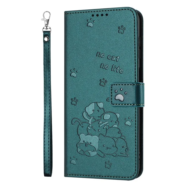 For TECNO Spark Go 2025 / Spark Go 1 / Pop 9 4G Case with Strap Cats Imprint Leather Wallet Phone Cover - Blackish Green