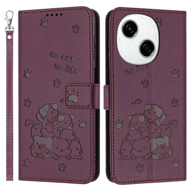 For TECNO Spark Go 2025 / Spark Go 1 / Pop 9 4G Case with Strap Cats Imprint Leather Wallet Phone Cover - Wine Red