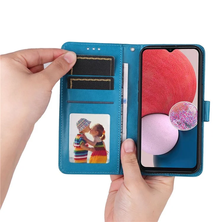 Pour Samsung Galaxy A13 4G Portefeuille Magnétique Case de Portefeuille PU le Cuir Tournesol Couverture de Téléphone Flio Imprimé Avec Sangle - Bleu