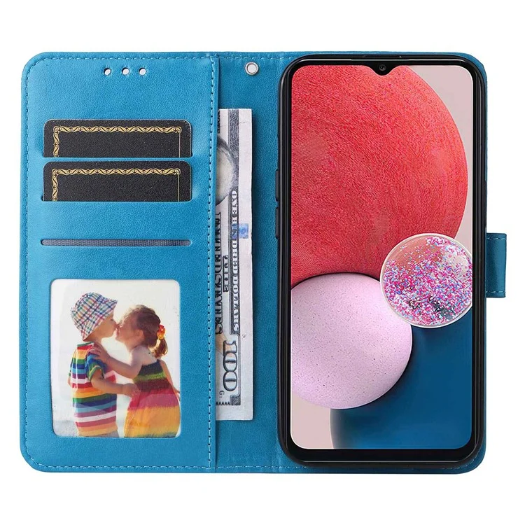 Pour Samsung Galaxy A13 4G Portefeuille Magnétique Case de Portefeuille PU le Cuir Tournesol Couverture de Téléphone Flio Imprimé Avec Sangle - Bleu