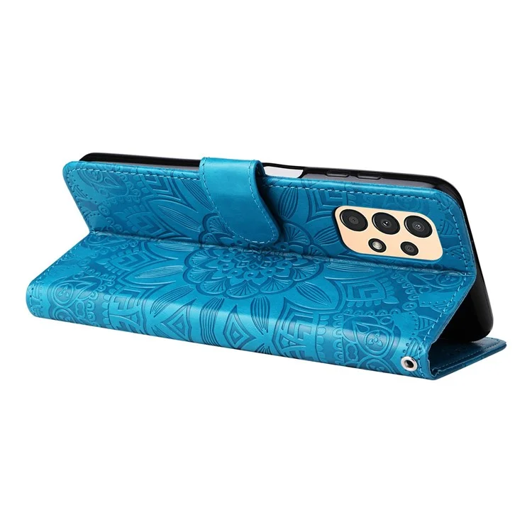 Pour Samsung Galaxy A13 4G Portefeuille Magnétique Case de Portefeuille PU le Cuir Tournesol Couverture de Téléphone Flio Imprimé Avec Sangle - Bleu