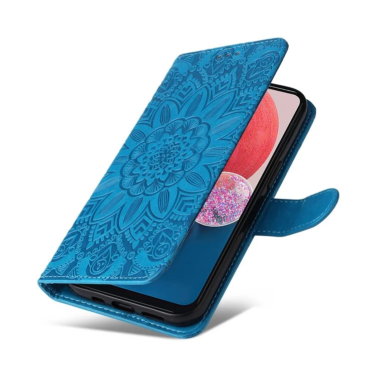 Pour Samsung Galaxy A13 4G Portefeuille Magnétique Case de Portefeuille PU le Cuir Tournesol Couverture de Téléphone Flio Imprimé Avec Sangle - Bleu