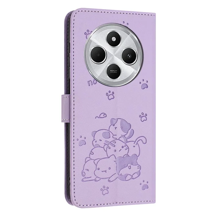 Phone Case For Xiaomi Redmi 14C 4G / 14R 5G / Poco C75 4G with Strap Cats Imprint Leather Wallet Phone Cover - Purple