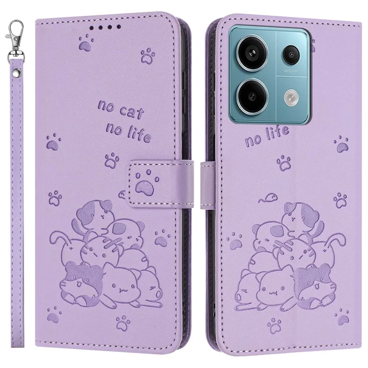 Чехол с ремешком для Xiaomi Redmi Note 13 Pro 5G / Poco X6 5G с тиснением в виде кошек, кожаный кошелек, фиолетовый