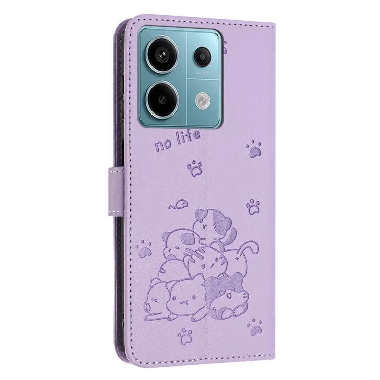 Чехол с ремешком для Xiaomi Redmi Note 13 Pro 5G / Poco X6 5G с тиснением в виде кошек, кожаный кошелек, фиолетовый