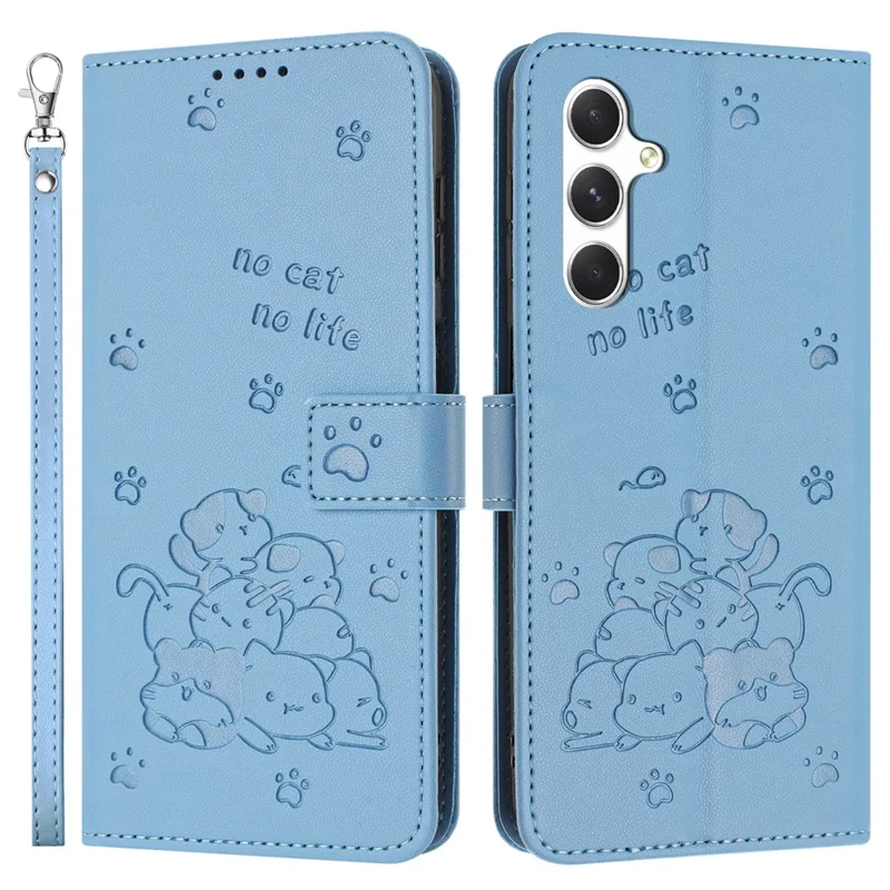 For Samsung Galaxy A14 5G  /  4G Case with Strap Cats Imprint Leather Wallet Phone Cover - Blue