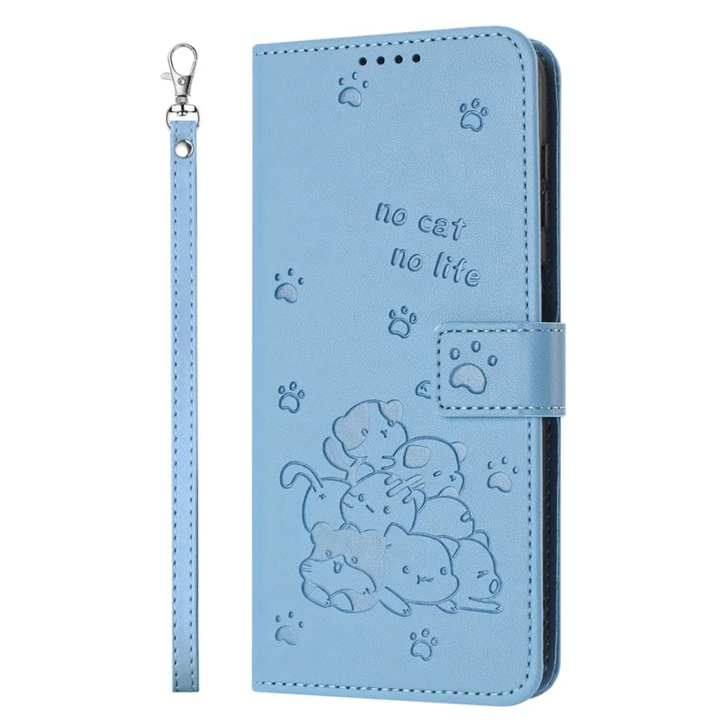 For Samsung Galaxy A14 5G  /  4G Case with Strap Cats Imprint Leather Wallet Phone Cover - Blue