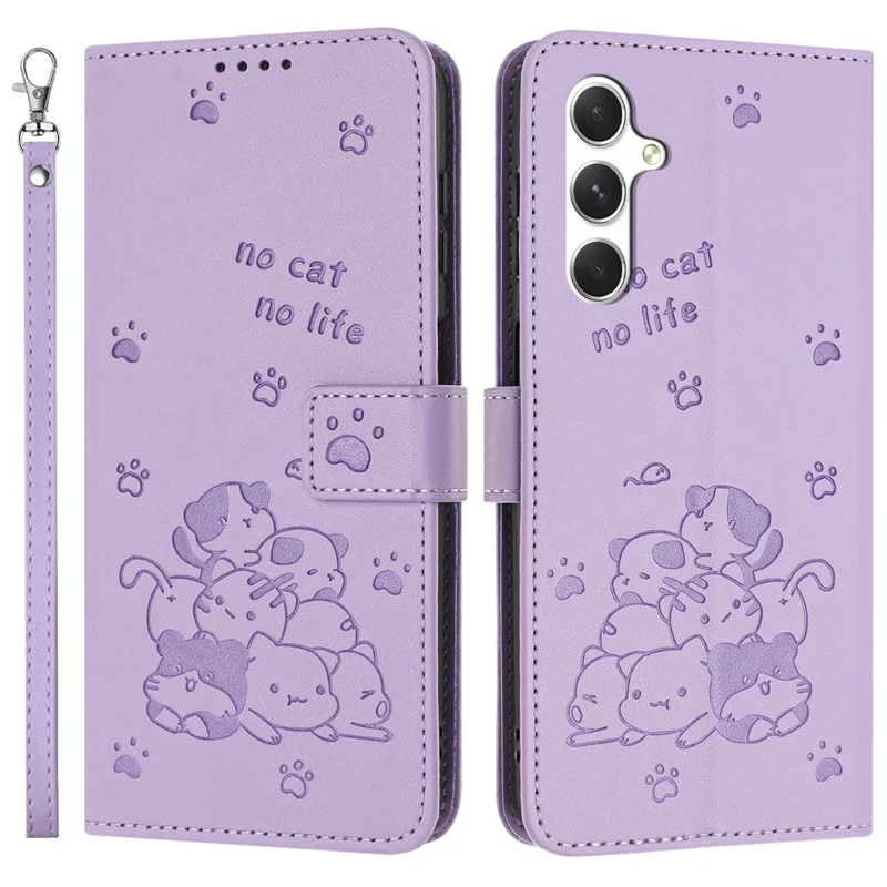Fodral till Samsung Galaxy A34 5G med rem, lila läderfodral med kattmönster – plånboksfodral med handtagsrem