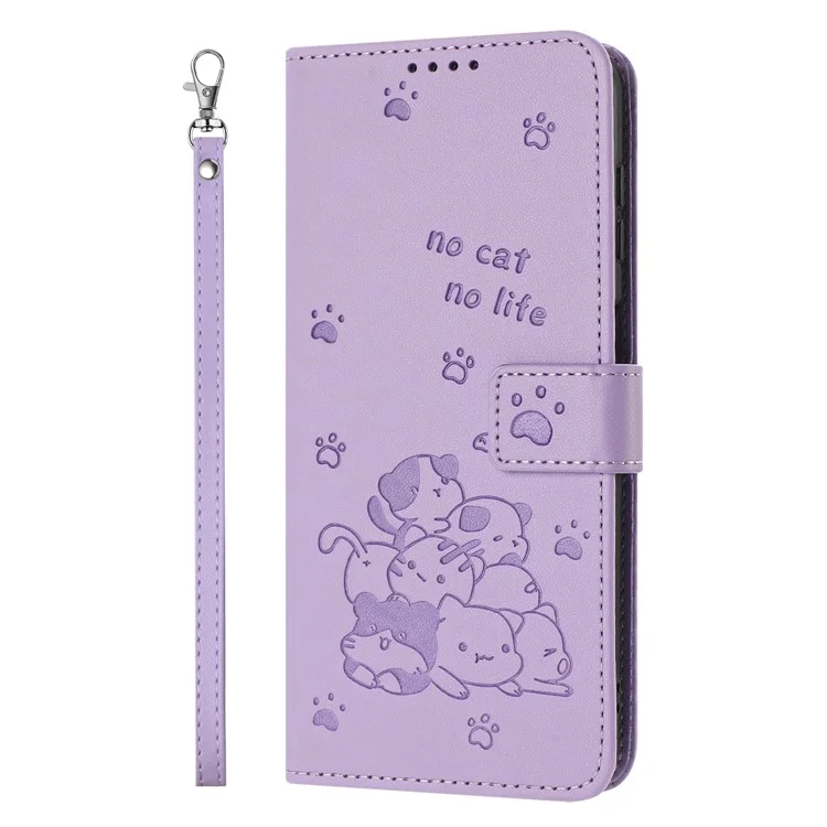 For iPhone 16e Case with Strap Cats Imprint Leather Wallet Phone Cover - Purple