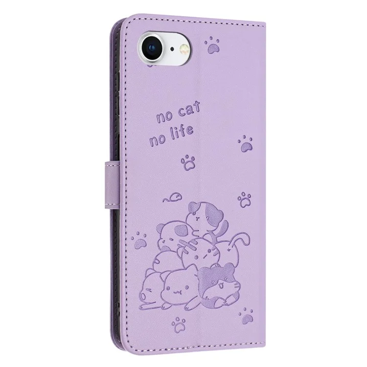 For iPhone 16e Case with Strap Cats Imprint Leather Wallet Phone Cover - Purple