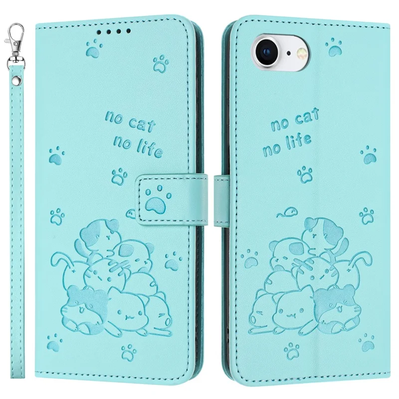For iPhone 17e / 16e Case with Strap Cats Imprint Leather Wallet Phone Cover - Green