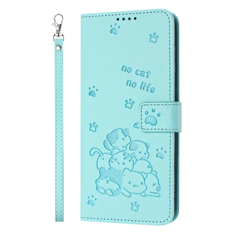 For iPhone 17e / 16e Case with Strap Cats Imprint Leather Wallet Phone Cover - Green